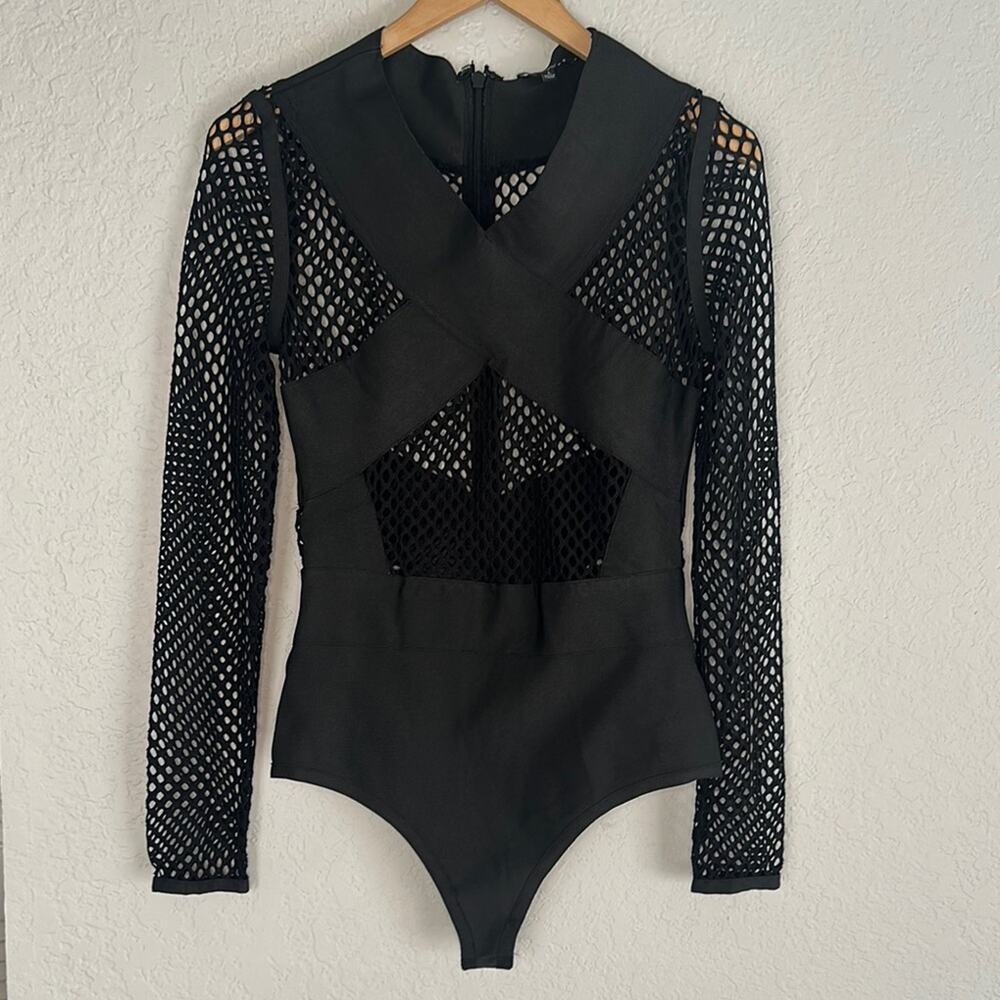 WOW couture Black Mesh Long Sleeve Bodysuit